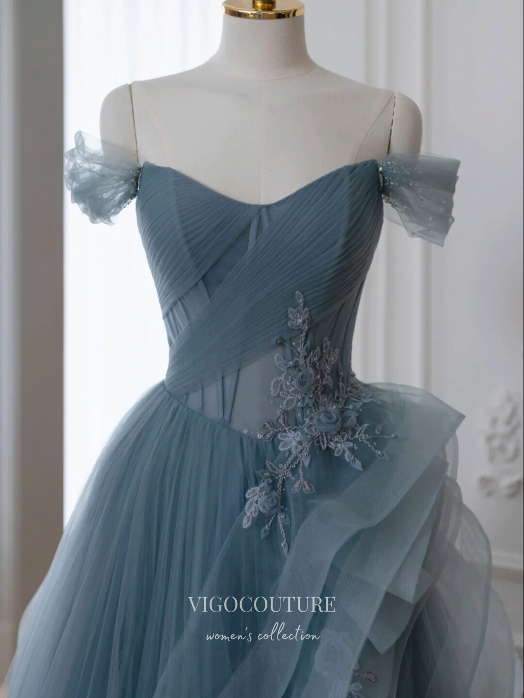 Prom Dress 2025 Dusty Blue Prom Dresses Tiered Lace Applique Formal Dresses 21174-unique elegant Prom Dresses-Dusty Blue-Custom Size-vigocouture