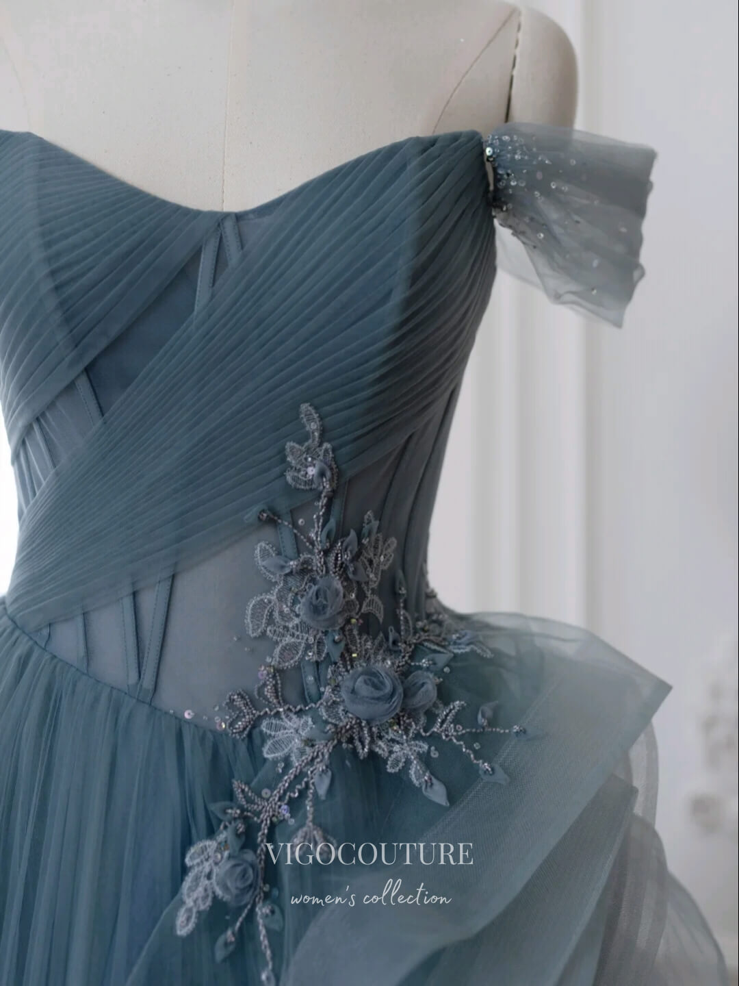 bluish grey prom dress Gray Blue Organza A Line V Neck Lace Prom Dresses PL451