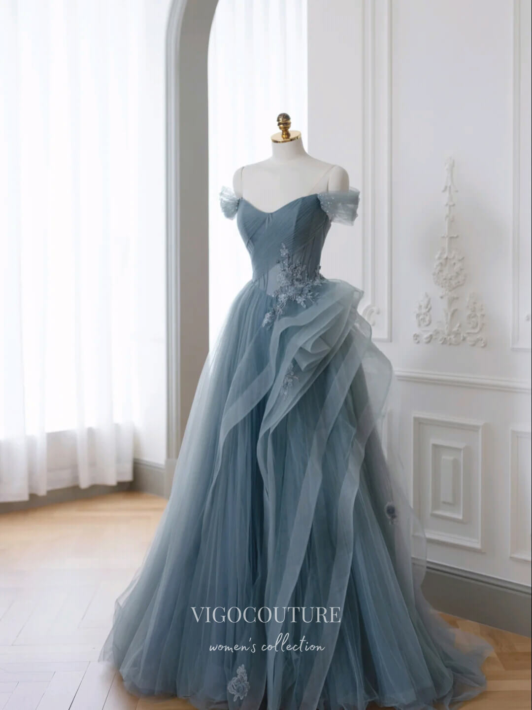 Dusty Blue Prom Dresses Tiered Lace Applique Formal Dresses 21174 Dusty Blue / US6 Dusty Blue Prom Dresses Tiered Lace Applique Formal Dresses 21174 Dusty Blue / US6