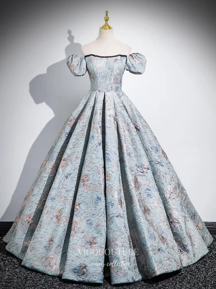 Dusty Blue Puffed Sleeve Quinceanera Dresses Jacquard Satin Lace Ball Gown 25069 Custom Colors / 22W Dusty Blue Puffed Sleeve Quinceanera Dresses Jacquard Satin Lace Ball Gown 25069 Custom Colors / 22W