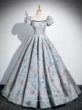 Dusty Blue Puffed Sleeve Quinceanera Dresses Jacquard Satin Lace Ball Gown 25069