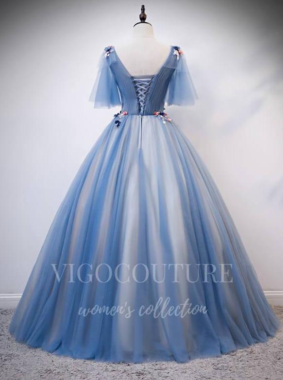 vigocouture-Dusty Blue Quinceañera Dresses Lace Applique Ball Gown 20431-Prom Dresses-vigocouture-