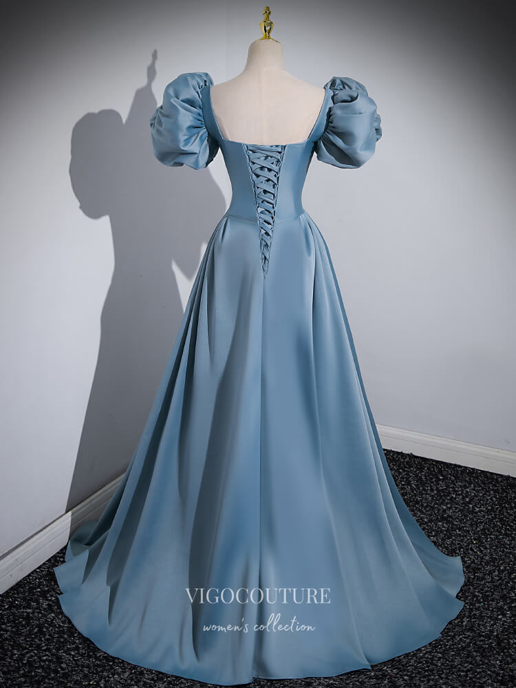 Prom Dress 2025 Dusty Blue Satin Cheap Prom Dresses Puffed Sleeve Formal Gown 24425-unique elegant Prom Dresses-Dusty Blue-Custom Size-vigocouture