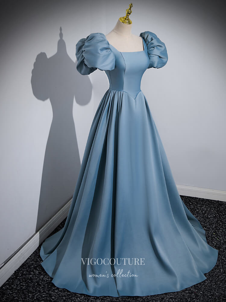 Prom Dress 2025 Dusty Blue Satin Cheap Prom Dresses Puffed Sleeve Formal Gown 24425-unique elegant Prom Dresses-Dusty Blue-Custom Size-vigocouture