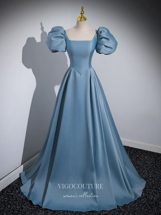 Prom Dress 2025 Dusty Blue Satin Cheap Prom Dresses Puffed Sleeve Formal Gown 24425-unique elegant Prom Dresses-Dusty Blue-Custom Size-vigocouture