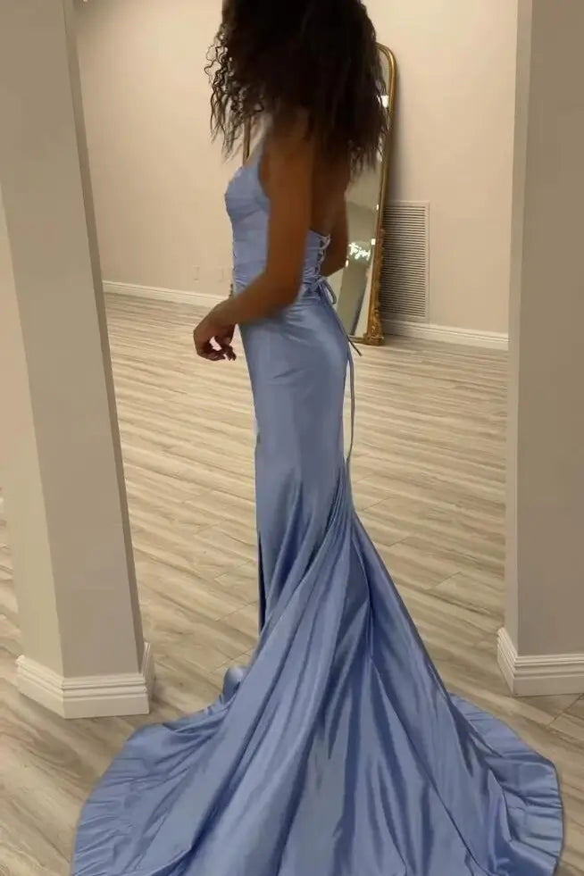 Prom Dresses 2025 to impress Dusty Blue Satin Halter Mermaid Prom Dress with Cutout Bodice, High Slit & Lace Up Back – 26081-vigocouture-vigocouture