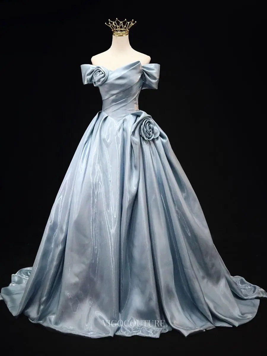 Prom Dresses 2025 to impress Dusty Blue Satin Prom Dresses with 3D Flower, Off the Shoulder Formal Dresses BG021-vigocouture-Blue-Custom Size-vigocouture