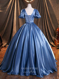 Prom Dress 2025 Dusty Blue Satin Quinceanera Dresses Puffed Sleeve Sweet 15 Dresses 21386-unique elegant Prom Dresses-Dusty Blue-Custom Size-vigocouture