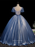 Prom Dress 2025 Dusty Blue Satin Quinceanera Dresses Puffed Sleeve Sweet 15 Dresses 21427-unique elegant Prom Dresses-Dusty Blue-Custom Size-vigocouture