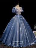 Prom Dress 2025 Dusty Blue Satin Quinceanera Dresses Puffed Sleeve Sweet 15 Dresses 21427-unique elegant Prom Dresses-Dusty Blue-Custom Size-vigocouture