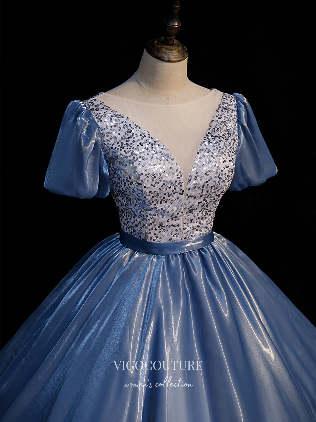 Prom Dress 2025 Dusty Blue Satin Quinceanera Dresses Puffed Sleeve Sweet 15 Dresses 21427-unique elegant Prom Dresses-Dusty Blue-Custom Size-vigocouture