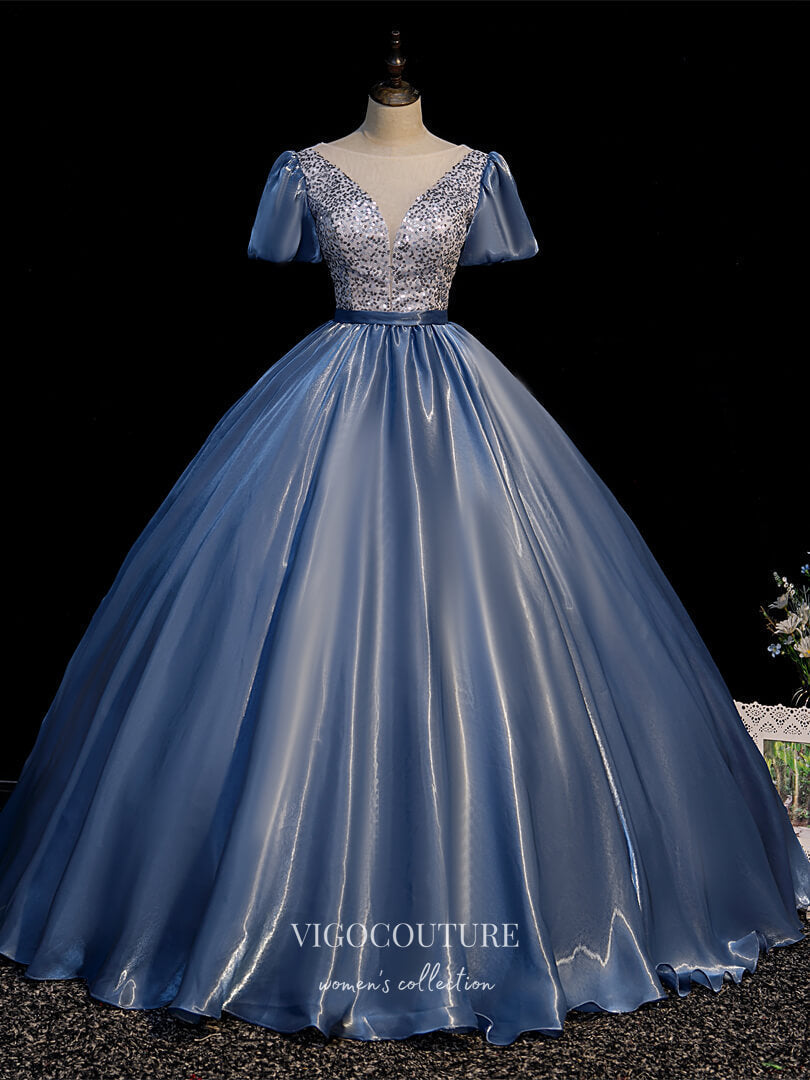 Prom Dress 2025 Dusty Blue Satin Quinceanera Dresses Puffed Sleeve Sweet 15 Dresses 21427-unique elegant Prom Dresses-Dusty Blue-Custom Size-vigocouture