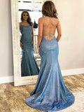 Dusty Blue Sparkly Satin Prom Dresses Mermaid Spaghetti Strap Evening Dress 22021