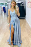 Dusty Blue Sparkly Satin Prom Dresses with Slit Spaghetti Strap Formal Gown 21931