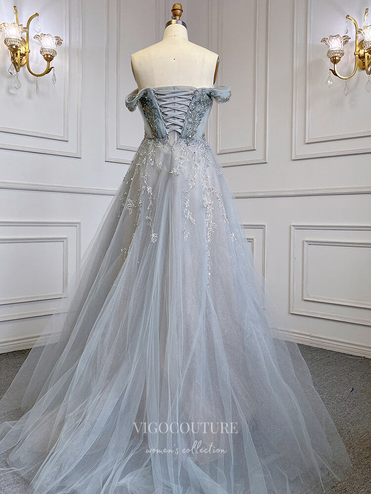 Prom Dress 2025 Dusty Blue Sparkly Tulle Prom Dresses Off the Shoulder Evening Dresses 22133-unique elegant Prom Dresses-Dusty Blue-US2-vigocouture