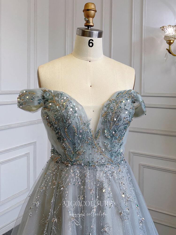 Dusty Blue Sparkly Tulle Prom Dresses Off the Shoulder Evening Dresses 22133 Dusty Blue / US12 Dusty Blue Sparkly Tulle Prom Dresses Off the Shoulder Evening Dresses 22133 Dusty Blue / US12
