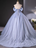 Prom Dresses 2025 to impress Dusty Blue Sparkly Tulle Prom Dresses with 3D Flower, Pearl, Off the Shoulder, Quinceanera Dresses BG015-vigocouture-vigocouture