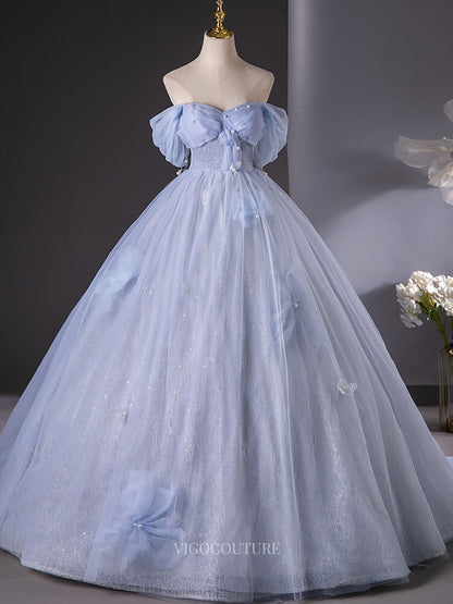 Dusty Blue Sparkly Tulle Prom Dresses with 3D Flower, Pearl, Off the S – vigocouture
