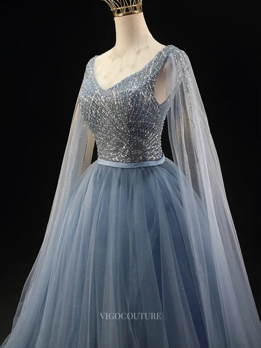 Prom Dresses 2025 to impress Dusty Blue Sparkly Tulle Prom Dresses with Beaded Lace, Extra Long Sleeve, Quinceanera Dresses SU032-vigocouture-vigocouture