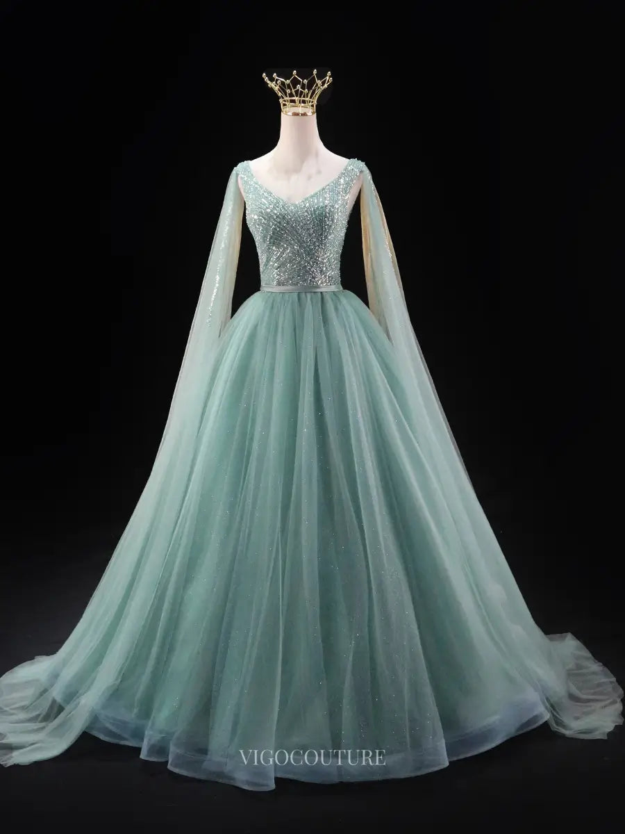 Prom Dresses 2025 to impress Dusty Blue Sparkly Tulle Prom Dresses with Beaded Lace, Extra Long Sleeve, Quinceanera Dresses SU032-vigocouture-Green-Custom Size-vigocouture