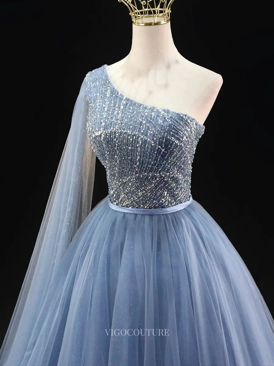 Prom Dresses 2025 to impress Dusty Blue Sparkly Tulle Prom Dresses with One Shoulder, Beaded Bodice, Quinceanera Dresses SU037-vigocouture-vigocouture