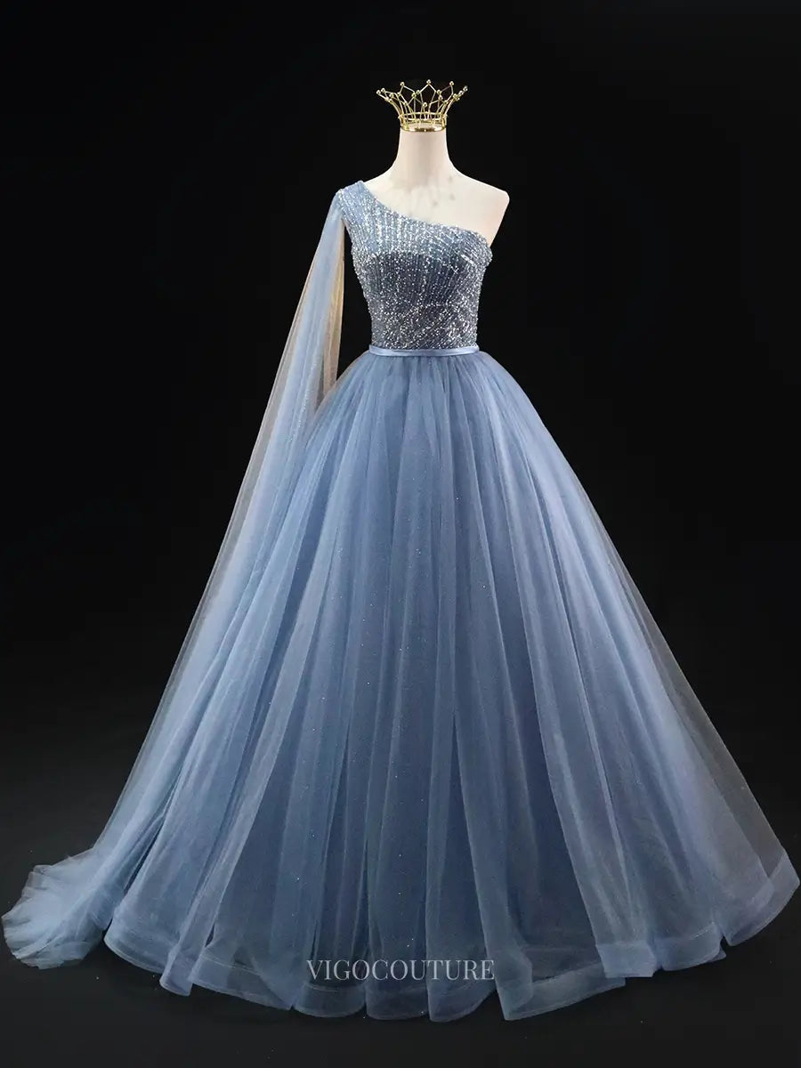 Prom Dresses 2025 to impress Dusty Blue Sparkly Tulle Prom Dresses with One Shoulder, Beaded Bodice, Quinceanera Dresses SU037-vigocouture-Blue-Custom Size-vigocouture