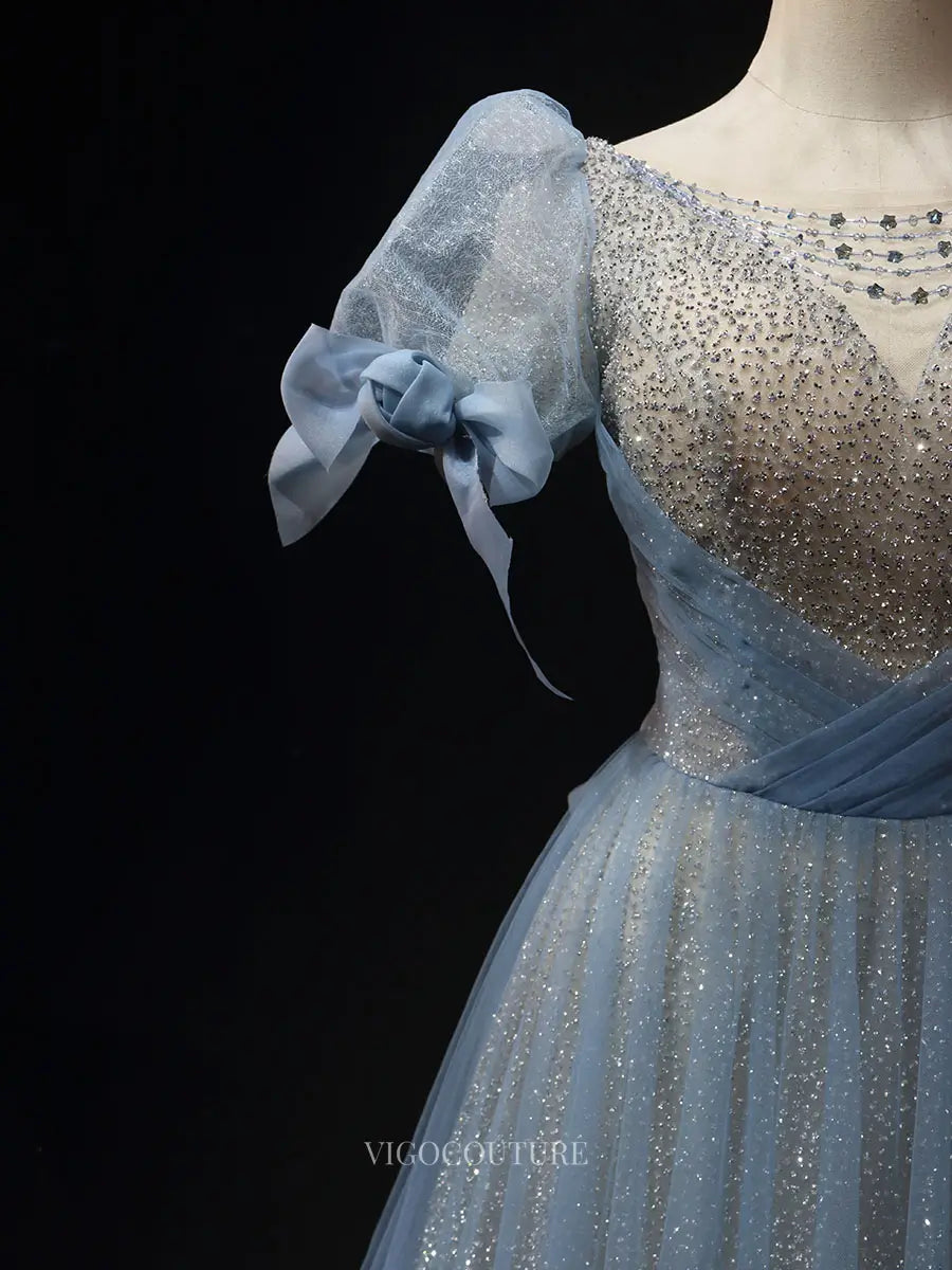 Dusty Blue Sparkly Tulle Prom Dresses with Puffed Sleeve, Formal Dresses SU012 Custom Colors / Custom Size Dusty Blue Sparkly Tulle Prom Dresses with Puffed Sleeve, Formal Dresses SU012 Custom Colors / Custom Size