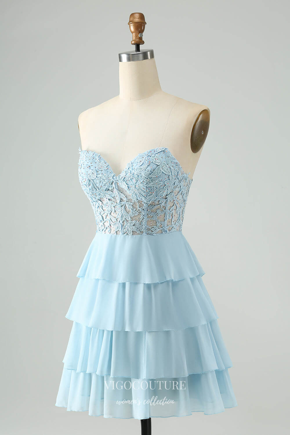 Short Prom Dresses 2025 Dusty Blue Tiered Lace Applique Homecoming Dresses Sweetheart Chiffon Back to School Dress hc399-Prom Dresses-vigocouture-vigocouture