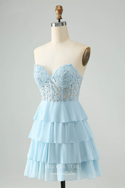 Short Prom Dresses 2025 Dusty Blue Tiered Lace Applique Homecoming Dresses Sweetheart Chiffon Back to School Dress hc399-Prom Dresses-vigocouture-vigocouture