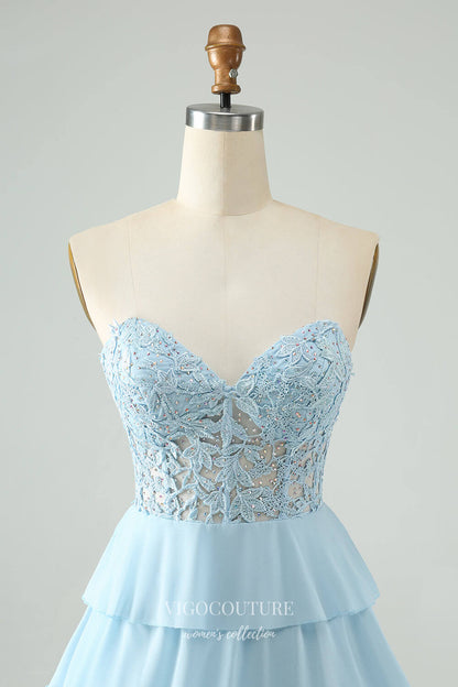 Short Prom Dresses 2025 Dusty Blue Tiered Lace Applique Homecoming Dresses Sweetheart Chiffon Back to School Dress hc399-Prom Dresses-vigocouture-vigocouture