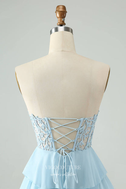 Short Prom Dresses 2025 Dusty Blue Tiered Lace Applique Homecoming Dresses Sweetheart Chiffon Back to School Dress hc399-Prom Dresses-vigocouture-vigocouture