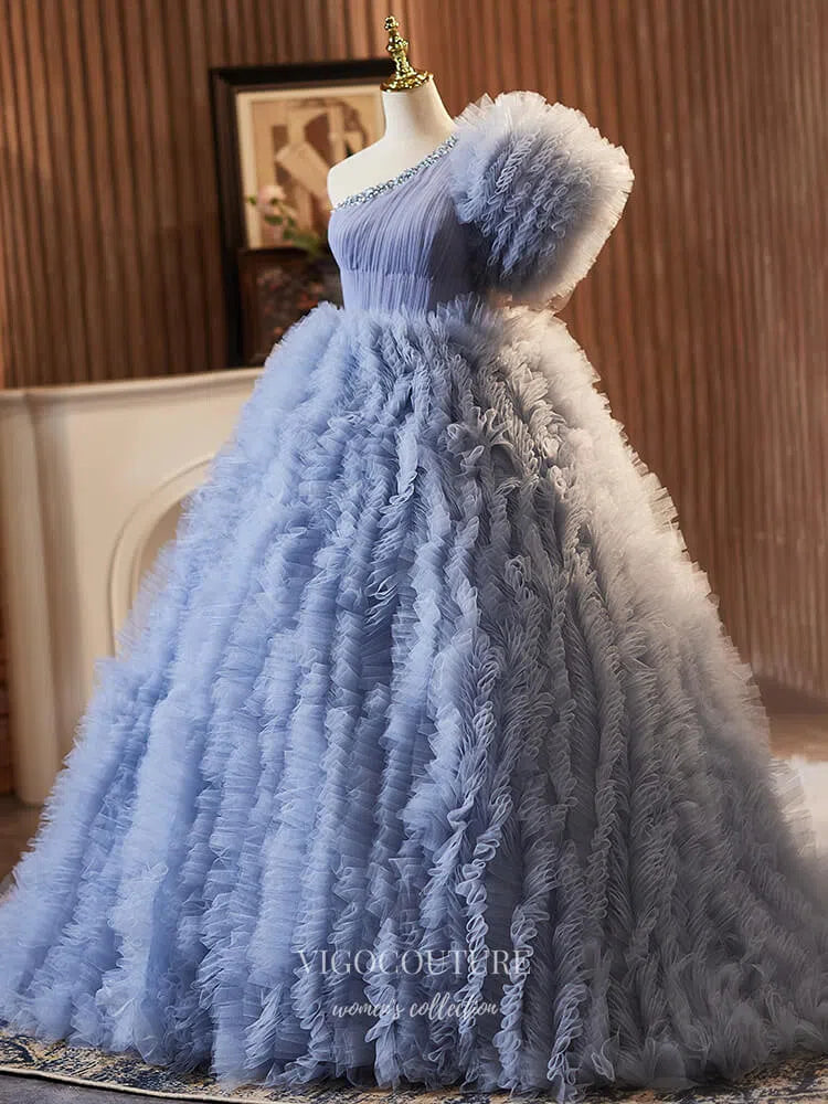 Dusty Blue Tiered Ruffled Quinceanera Dresses One Shoulder Ball Gown 25037 Custom Colors / US0