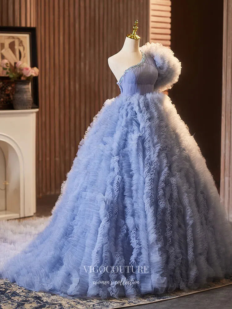 Dusty Blue Tiered Ruffled Quinceanera Dresses One Shoulder Ball Gown 25037 Custom Colors / US0 Dusty Blue Tiered Ruffled Quinceanera Dresses One Shoulder Ball Gown 25037 Custom Colors / US0