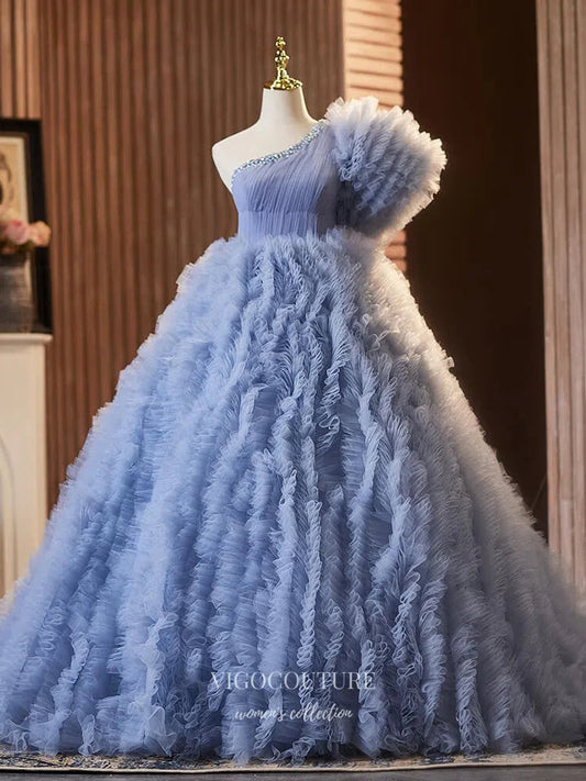 Prom Dress 2025 Dusty Blue Tiered Ruffled Quinceanera Dresses One Shoulder Ball Gown 25037-unique elegant Prom Dresses-Dusty Blue-Custom Size-vigocouture