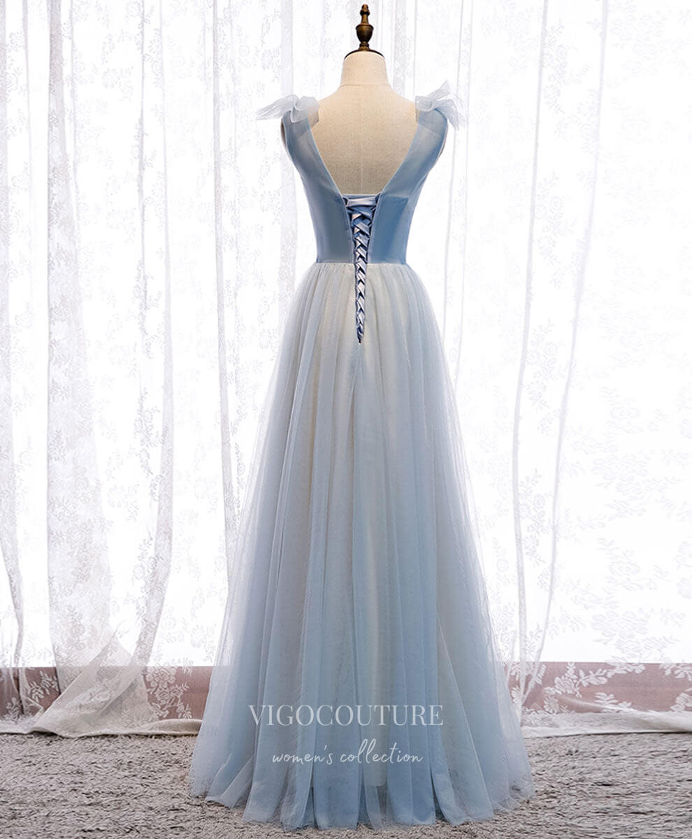 Dusty Blue Tulle Prom Dresses V-Neck Evening Dress 21821 Custom Colors / US8 Dusty Blue Tulle Prom Dresses V-Neck Evening Dress 21821 Custom Colors / US8
