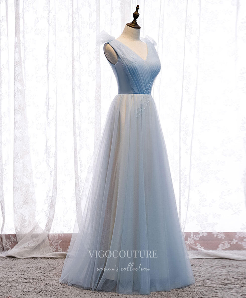 Dusty Blue Tulle Prom Dresses V-Neck Evening Dress 21821 Custom Colors / US8 Dusty Blue Tulle Prom Dresses V-Neck Evening Dress 21821 Custom Colors / US8