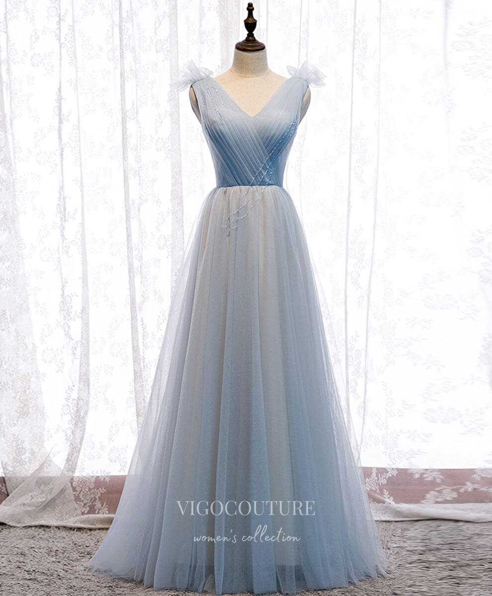 Prom Dress 2025 Dusty Blue Tulle Prom Dresses V-Neck Evening Dress 21821-unique elegant Prom Dresses-Dusty Blue-US2-vigocouture