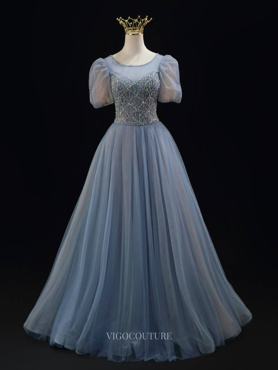 Prom Dresses 2025 to impress Dusty Blue Tulle Prom Dresses with Beaded Lace, Puffed Sleeve, Formal Dresses BG081-vigocouture-Dusty Blue-Custom Size-vigocouture