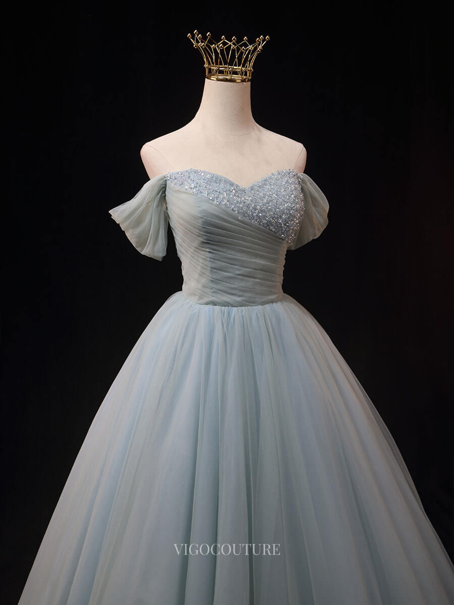 Dusty Blue Tulle Prom Dresses with Pleated Bodice, Off the Shoulder Fo vigocouture Dusty Blue Tulle Prom Dresses with Pleated Bodice, Off the Shoulder Fo vigocouture
