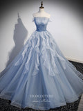 Prom Dress 2025 Dusty Blue Tulle Ruffled Prom Dresses Removable Long Sleeve Formal Gown 24413-unique elegant Prom Dresses-Dusty Blue-Custom Size-vigocouture