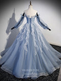 Prom Dress 2025 Dusty Blue Tulle Ruffled Prom Dresses Removable Long Sleeve Formal Gown 24413-unique elegant Prom Dresses-Dusty Blue-Custom Size-vigocouture