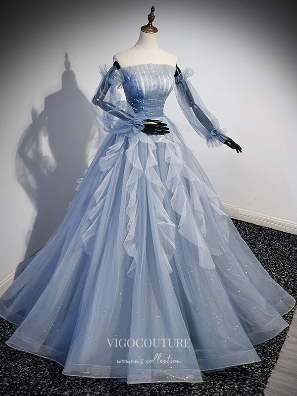 Prom Dress 2025 Dusty Blue Tulle Ruffled Prom Dresses Removable Long Sleeve Formal Gown 24413-unique elegant Prom Dresses-Dusty Blue-Custom Size-vigocouture