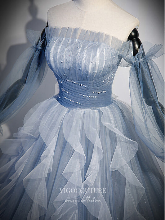 Prom Dress 2025 Dusty Blue Tulle Ruffled Prom Dresses Removable Long Sleeve Formal Gown 24413-unique elegant Prom Dresses-Dusty Blue-Custom Size-vigocouture