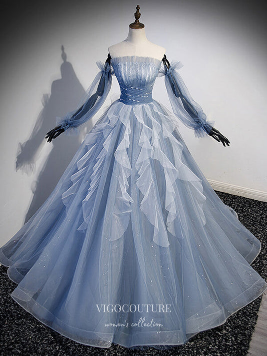 Prom Dress 2025 Dusty Blue Tulle Ruffled Prom Dresses Removable Long Sleeve Formal Gown 24413-unique elegant Prom Dresses-Dusty Blue-Custom Size-vigocouture