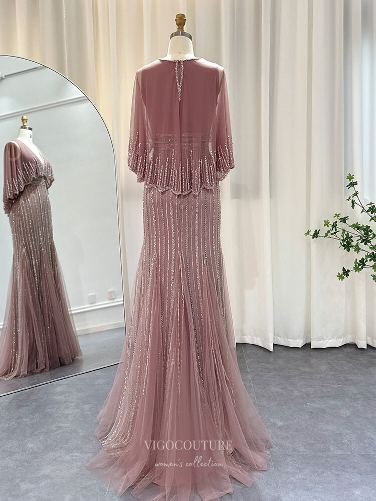 Prom Dress 2025 Dusty Pink Beaded Sheath Prom Dresses Cape Sleeve Mother of the Bride Dress 24436-unique elegant Prom Dresses-Dusty Pink-US2-vigocouture