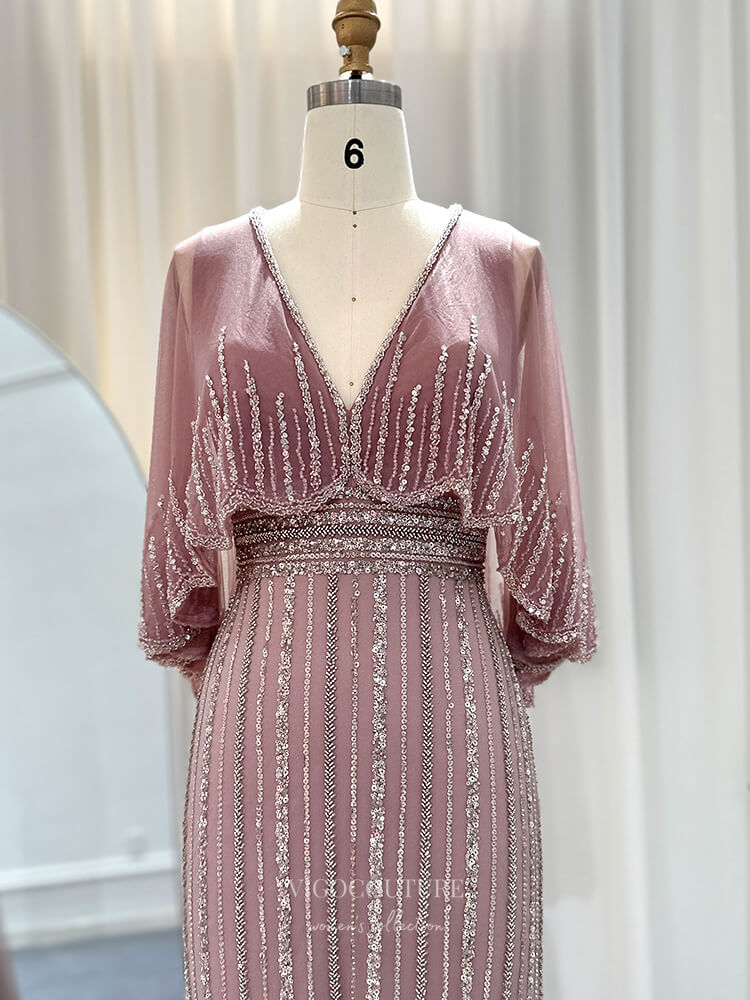 Prom Dress 2025 Dusty Pink Beaded Sheath Prom Dresses Cape Sleeve Mother of the Bride Dress 24436-unique elegant Prom Dresses-Dusty Pink-US2-vigocouture