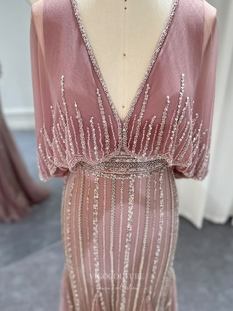 Prom Dress 2025 Dusty Pink Beaded Sheath Prom Dresses Cape Sleeve Mother of the Bride Dress 24436-unique elegant Prom Dresses-Dusty Pink-US2-vigocouture