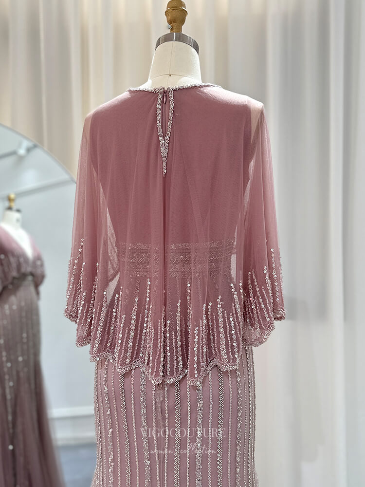 Prom Dress 2025 Dusty Pink Beaded Sheath Prom Dresses Cape Sleeve Mother of the Bride Dress 24436-unique elegant Prom Dresses-Dusty Pink-US2-vigocouture