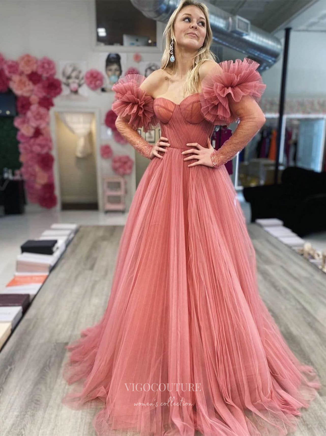 Prom Dress 2025 Dusty Pink Pleated Tulle Prom Dresses 2024 Ruffled Sheer Long Sleeve 24220-unique elegant Prom Dresses-Pink-Custom Size-vigocouture