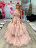 Prom Dress 2025 Dusty Pink Tiered Ruffle Prom Dresses Strapless Beaded Waist 24225-unique elegant Prom Dresses-Pink-Custom Size-vigocouture